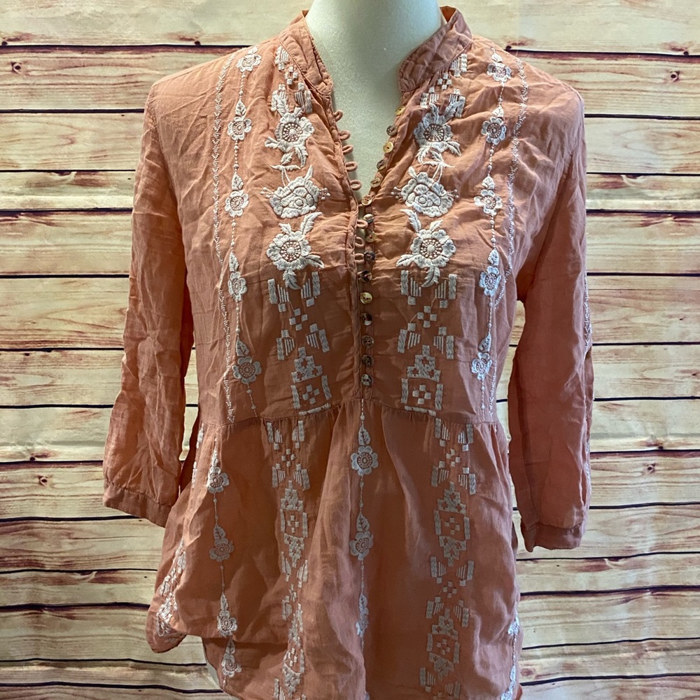 JOHNNY WAS 3J Workshop Peach Embroidered Blouse, Size Small - Picture 2 of 8